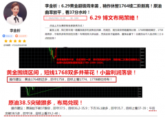 中阳期货6.30黄金1768双多止盈，日内1773先行调整